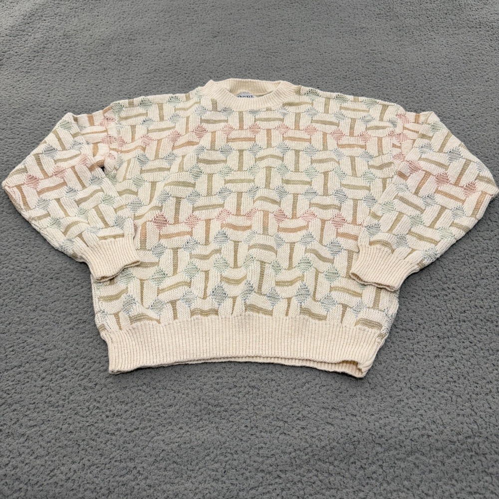 Vintage Private Club Sweater Mens Medium Cream Pastel Geometric Knit Crewneck